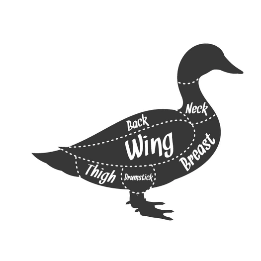 Duck meat cuts diagram showing breast, wing, thigh, drumstick, back and neck
